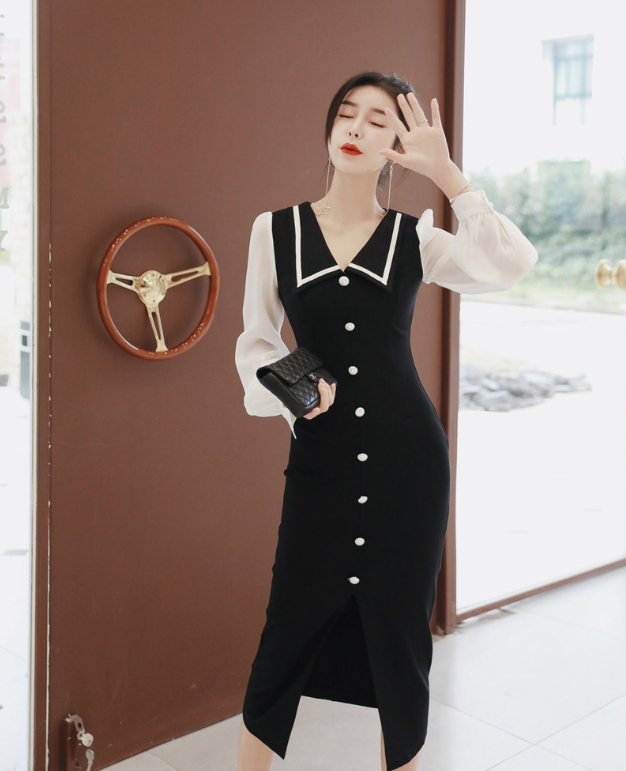Chic Fashion Women's Casual Elegant Dress Long Sleeve Color Blocking Button New Natural Waistline Solid Summer Dress