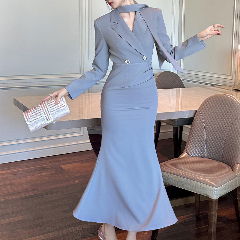 Autumn Women Clothing Belted Office Work Blazer Dresses Diamond Button Decor Retro Long Dress