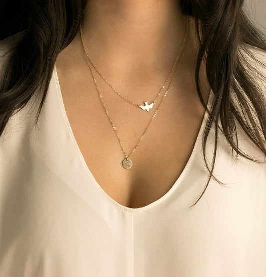 Fashionally Popular Street Style Peace Dove Multi-layered 18k Gold Plated Charm Women's Cheap Pendant Necklace