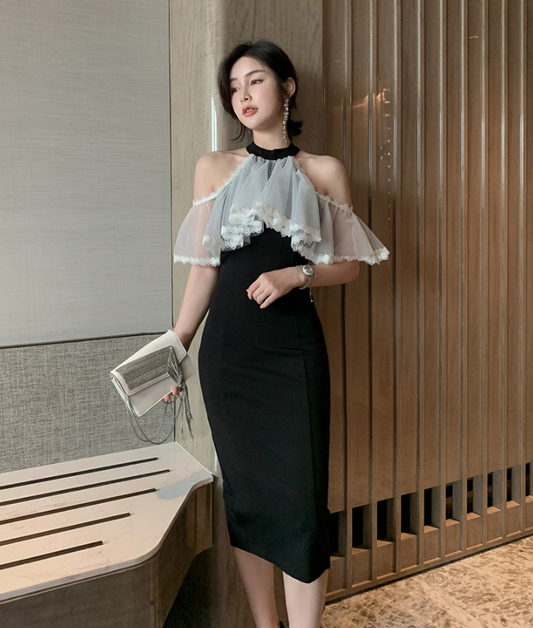 2025 New Style Summer Women's Fashion Strapless Ruffled Lace Mesh Dress Lady Elegant Party Evening Prom Dress