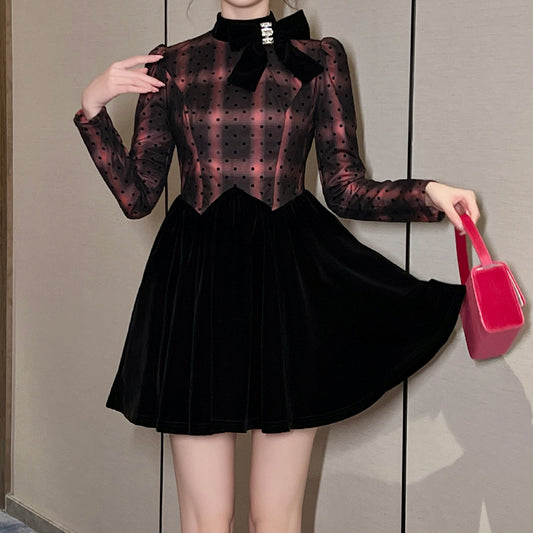 Plaid Top Mini Skirt One Piece Dress Contrast Color Black Velvet Sexy Puffy Short Cocktail Dress for Women