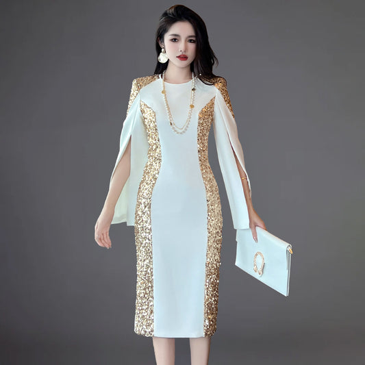 Gold Sequins Elegant White Evening Birthday Prom Midi Dress Slit Trumpet Long Sleeve Party Gowns
