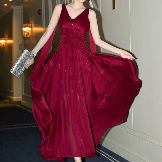 Summer New Arrival Sweet Party Dress Rose Red Sleeveless Dress Floral Jacquard Embroidery Maxi Party Dress
