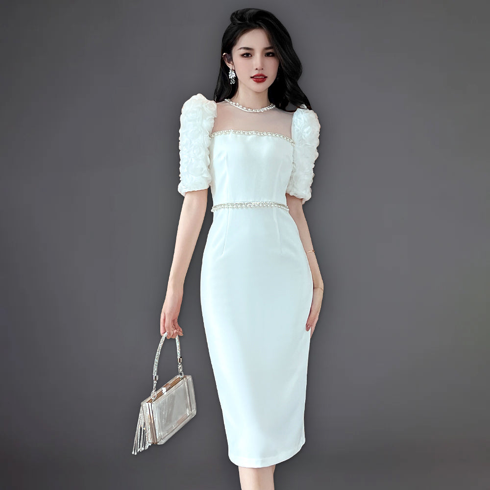 Elegant Pearl Beaded Floral Sleeve Embellished White Midi Party Dress Satin Women Casual Dresses