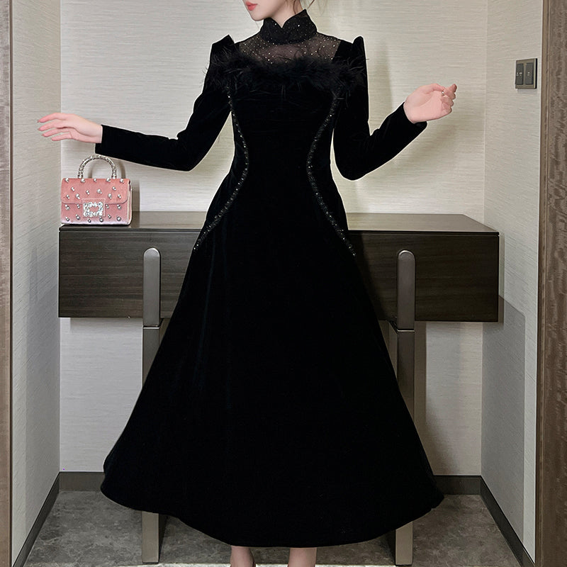 Lady Maxi Dress Black Feather Stand Collar Long Sleeve A Line Modest Evening Party Velvet Formal Long Dress for Women