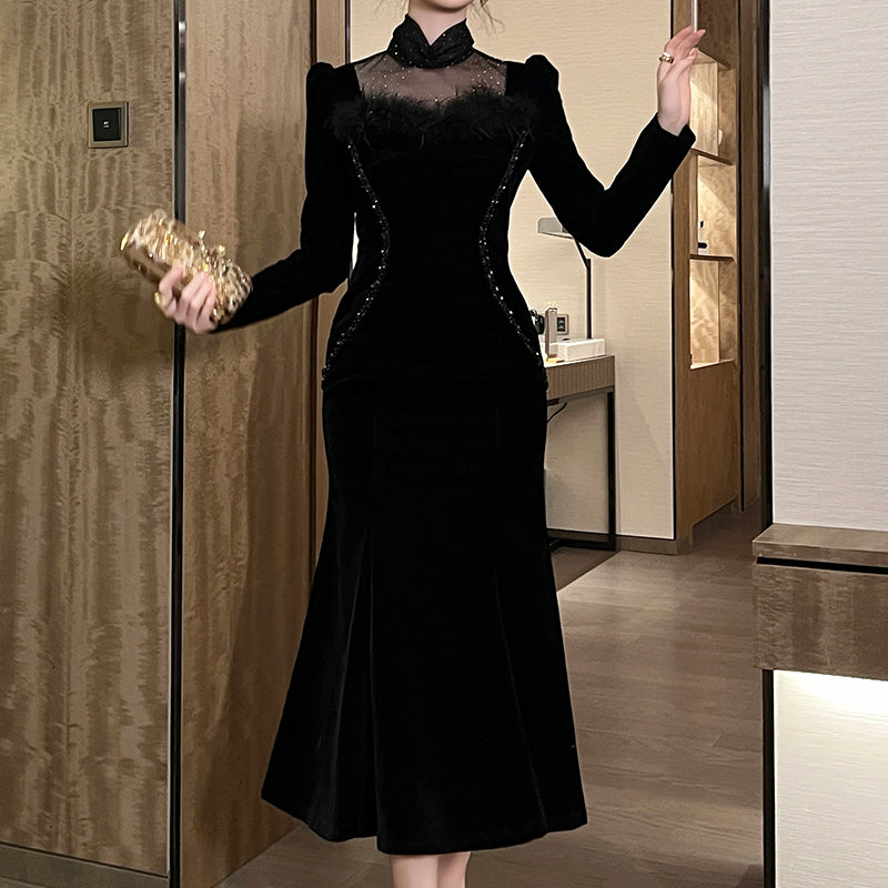 Lady Maxi Evening Party Velvet Formal Dress A-Line Stand Collar Long Sleeve 2XL Beaded Elegant Feather Black Dress
