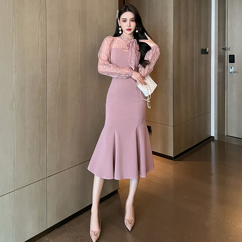 Trendy Vestidos Casuales Lady Fishtail Lace Long Sleeve Pink Ladies Dresses 2025 Elegant Women Clothing