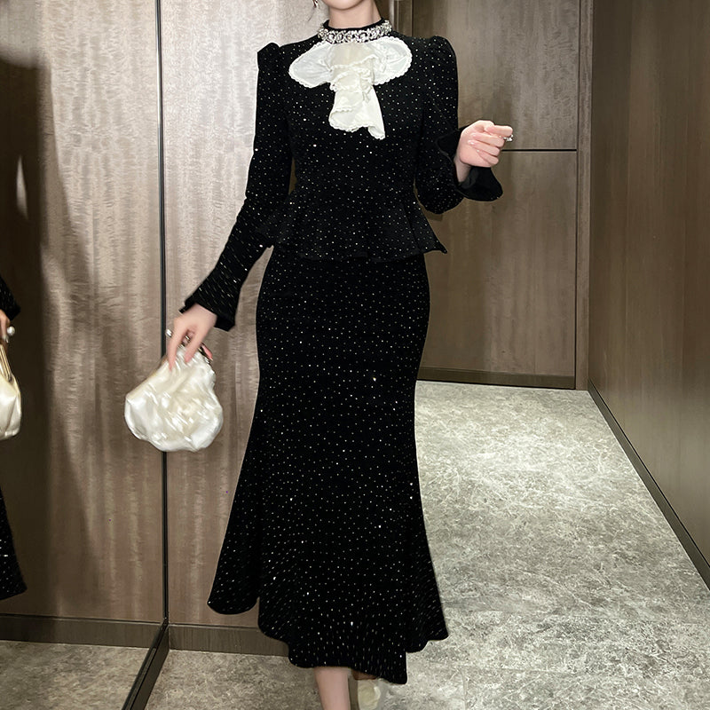 Custom Women Clothing Manufacturer Formal Evening Dress Ladies Long Sleeve Glitter Black Modest Prom Dress