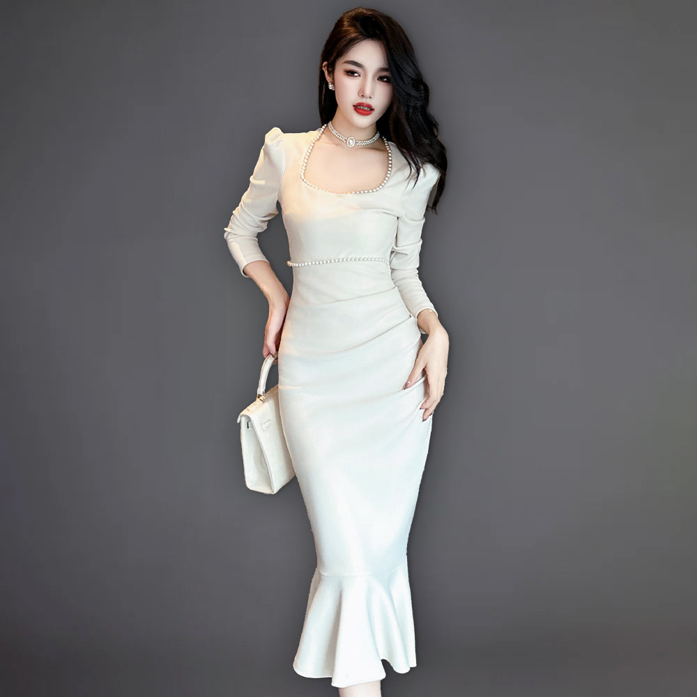2025 Autumn Winter Full Sleeves Square Collar Beading Slit Dress Ruffles Elegant Dress Slim Fit Mermaid Dress