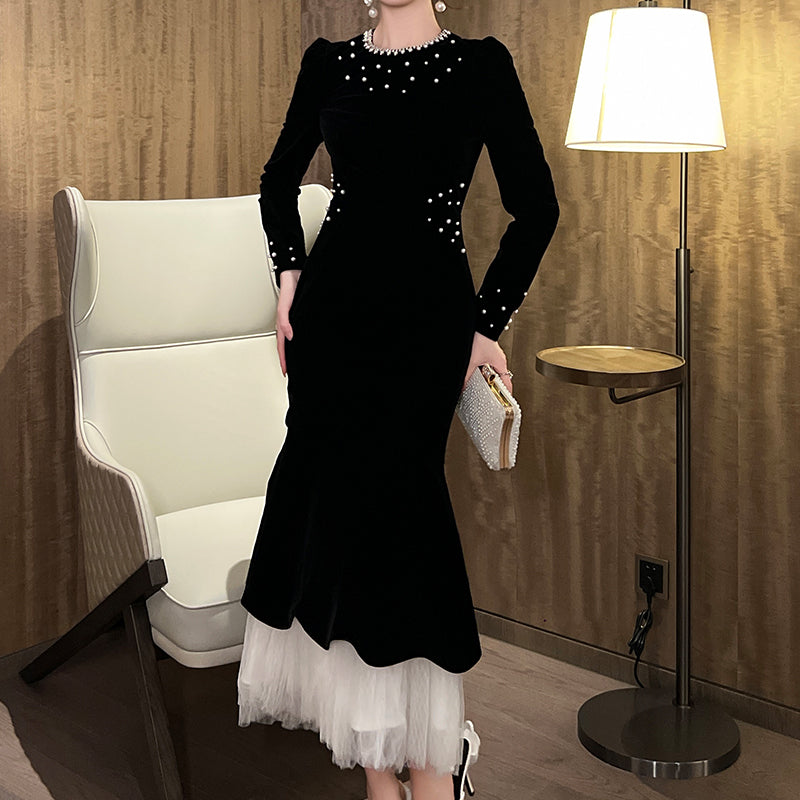 Women Modest Luxury Mermaid Velvet Corset Evening Pearl Embellished Lace Maxi Formal Party Wedding Prom Dress Ladies