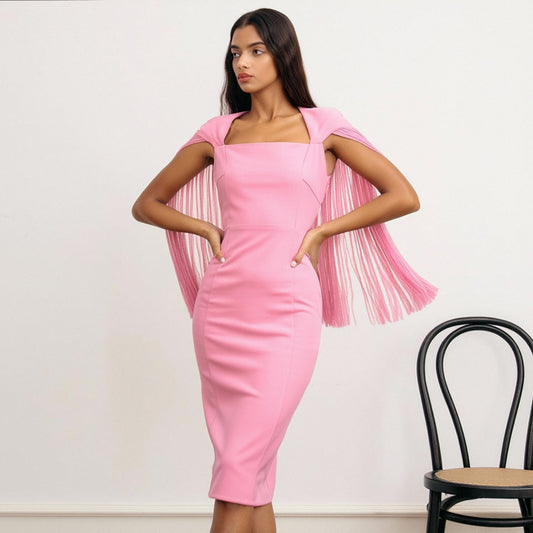 French Fashion Party Dresses Summer Square Neck Beading Pink Tassel Sexy Back Slit Even Dress Women