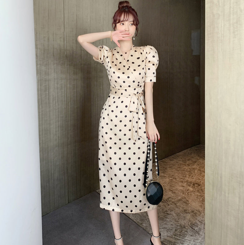 Summer Polka Dot Bow Tie Waist Dress Vacation Outfits Vestidos Elegant Casual Dress for Women