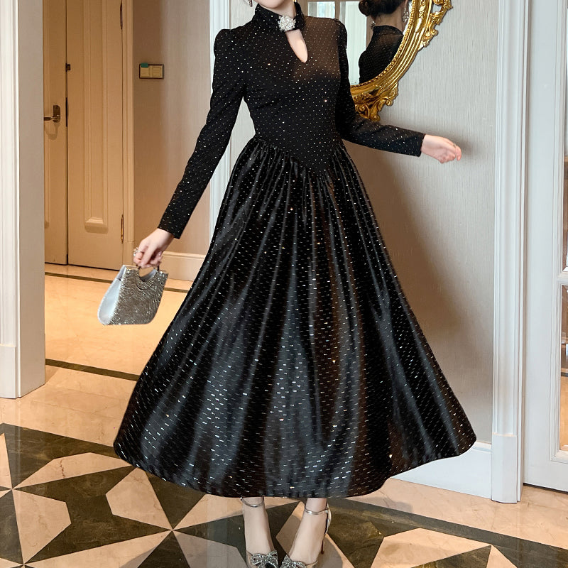 Elegant Women's French Style A-Line Party Dress Black Spot Rhinestones Drilling Long Sleeve Ladies Maxi Evening Dress