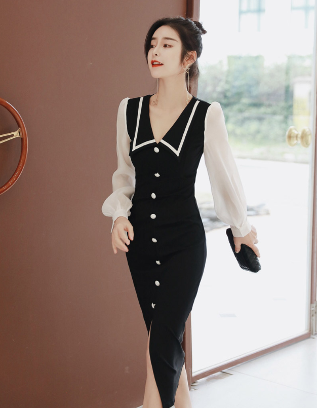 Chic Fashion Women's Casual Elegant Dress Long Sleeve Color Blocking Button New Natural Waistline Solid Summer Dress