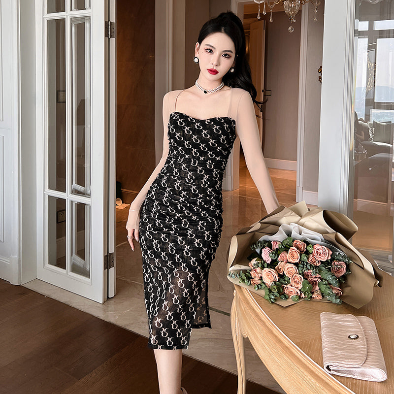 Popular Products Women Mesh Patchwork Bodycon Dress Fashion Knee-length Long Sleeve Autumn Dress
