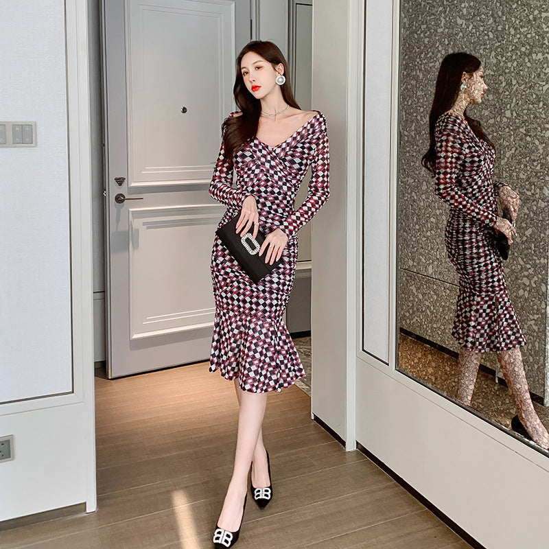 Trending Cross Ruffle Hem Plaid Elegant Casual 2022 Midi Women's Clothing Dress