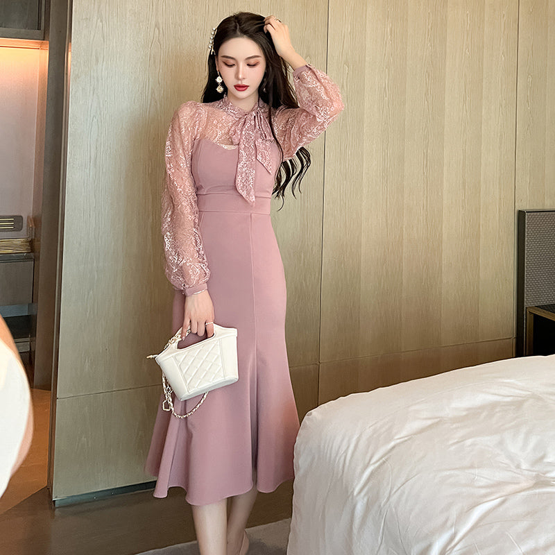 Trendy Vestidos Casuales Lady Fishtail Lace Long Sleeve Pink Ladies Dresses 2025 Elegant Women Clothing