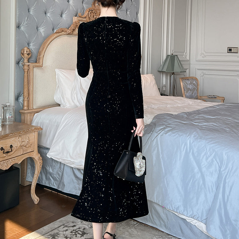 Spring Cocktail Midi Dress Women O-Neck Tunic Long Sleeve Glitter Diamonds Black Velvet Elegant Long Party Dresses