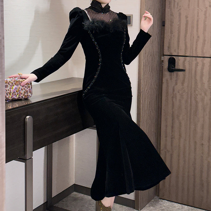 Lady Maxi Evening Party Velvet Formal Dress A-Line Stand Collar Long Sleeve 2XL Beaded Elegant Feather Black Dress