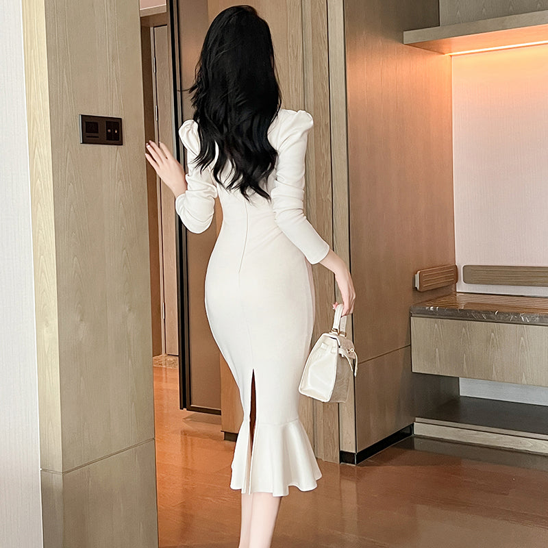 2025 Autumn Winter Full Sleeves Square Collar Beading Slit Dress Ruffles Elegant Dress Slim Fit Mermaid Dress
