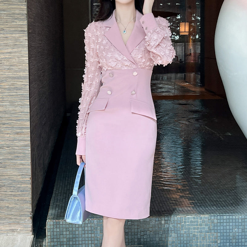 Fashion Formal Clothes Long Sleeve Patchwork Suit Blazer Office Lady Professional Business Midi Long Casual Dresses