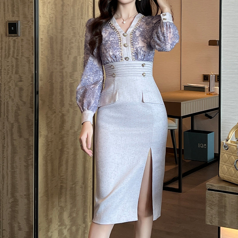 Women Casual Sexy Dresses Autumn Spring Slim Stitching Purple Color Ploral Lace Beaded Dress