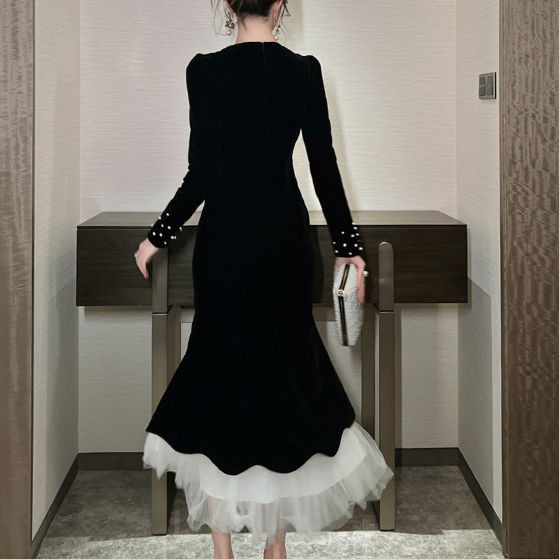 Women Modest Luxury Mermaid Velvet Corset Evening Pearl Embellished Lace Maxi Formal Party Wedding Prom Dress Ladies