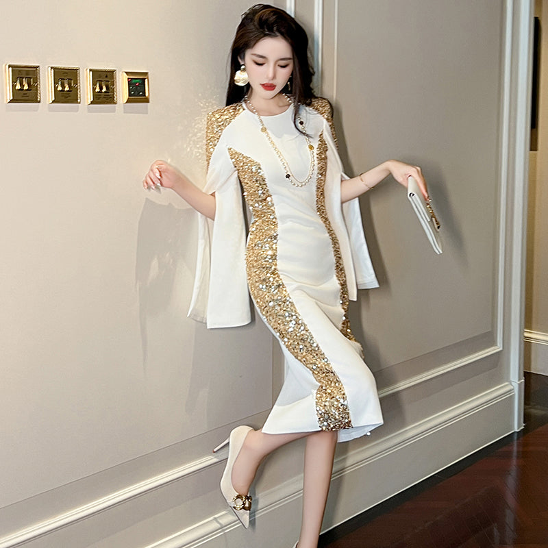Gold Sequins Elegant White Evening Birthday Prom Midi Dress Slit Trumpet Long Sleeve Party Gowns