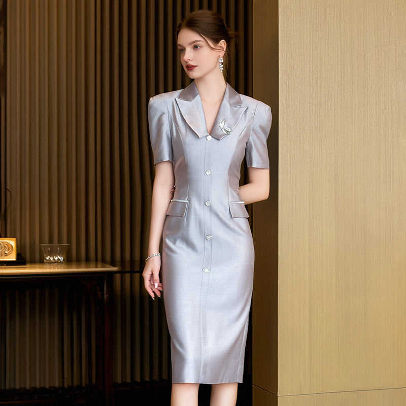 New Arrivals Summer Career Dresses Wool Women Solid Color Pencil Midi Dress Ladies Slim Fit Satin Office Dresses