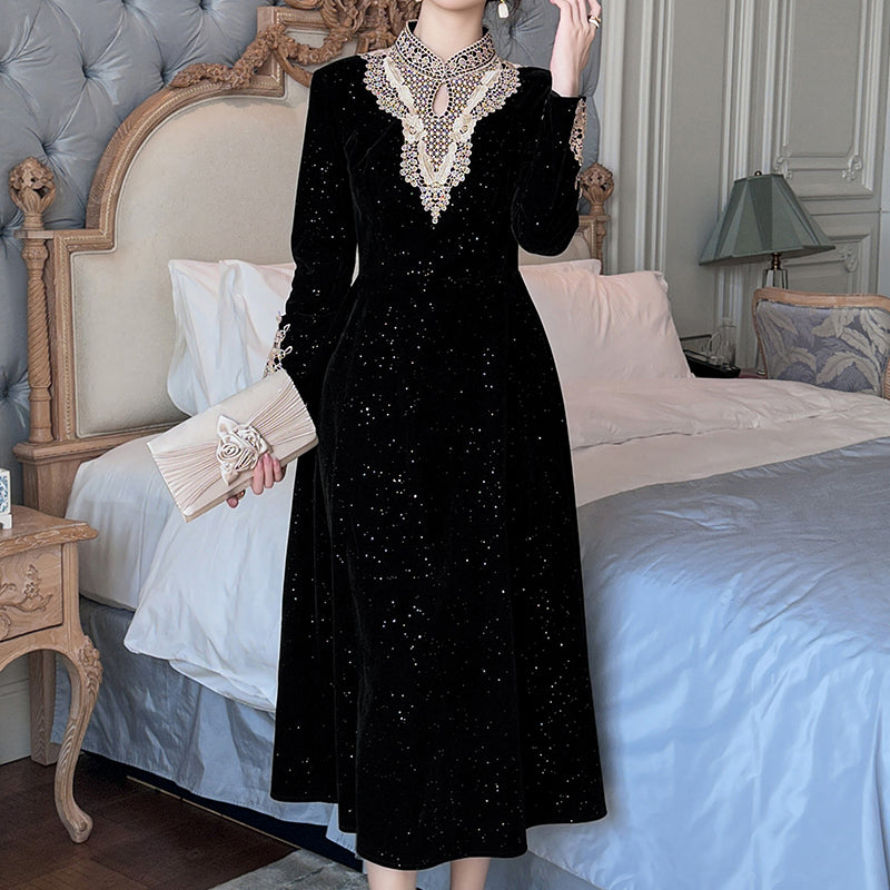 Women's Elegant Vintage Party Dress Sexy Velvet Maxi Autumn Winter Retro Temperament Modest Long Ladies Dress