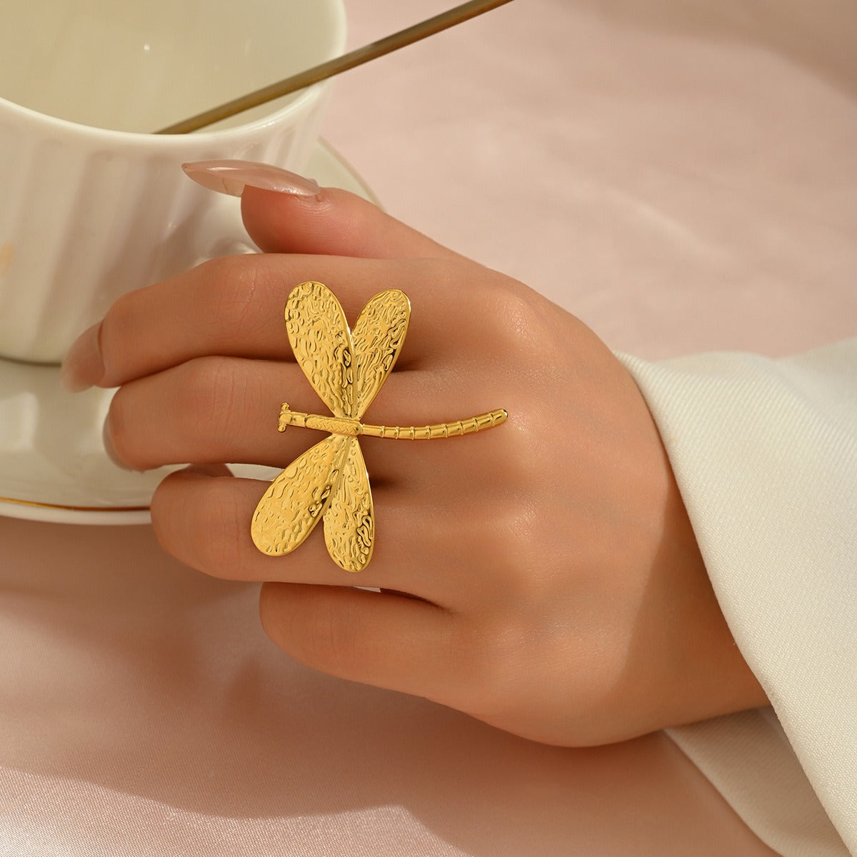 New Simple Personalized Fine Jewelry Accessories Rings Lady's Geometric Dragonfly Design 18k Gold Ring Opening Ring