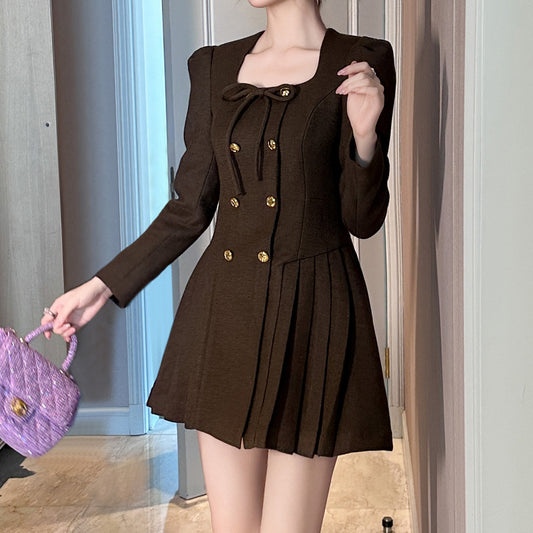 Spring Autumn Dress Women Casual Woven Mini Double Breasted Young Girl Dresses