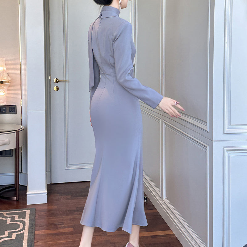 Autumn Women Clothing Belted Office Work Blazer Dresses Diamond Button Decor Retro Long Dress