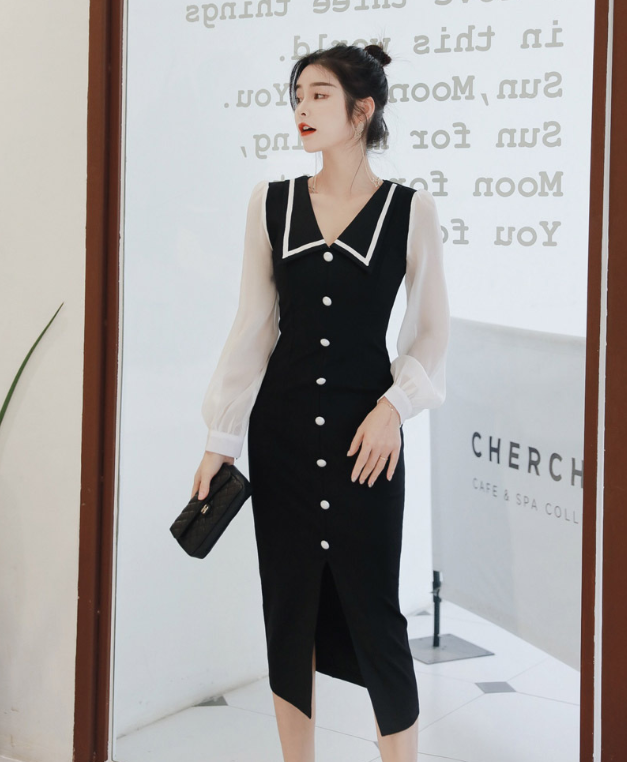 Chic Fashion Women's Casual Elegant Dress Long Sleeve Color Blocking Button New Natural Waistline Solid Summer Dress