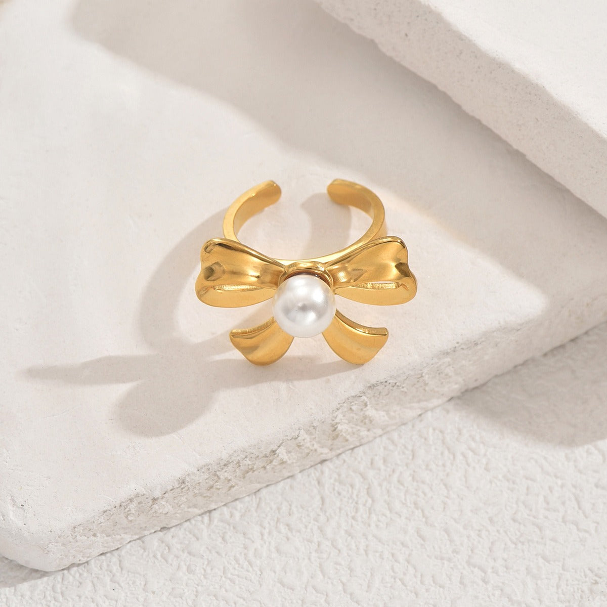 Elegant Simple Personalized Pearl-inlaid Design Adjustable 18k Gold Bow Ring for Pearl Setting Opening Finger Ring