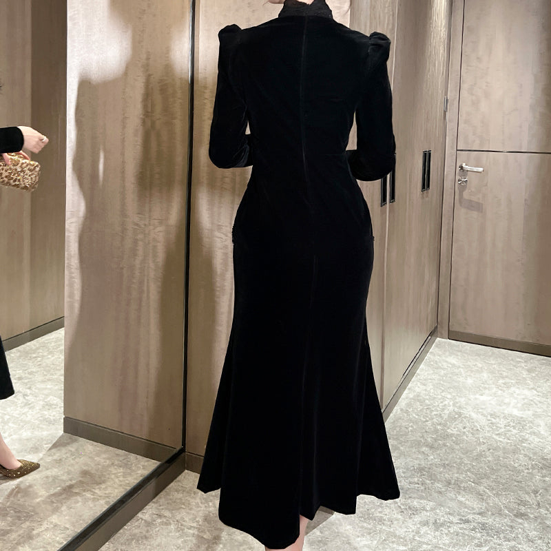 Lady Maxi Evening Party Velvet Formal Dress A-Line Stand Collar Long Sleeve 2XL Beaded Elegant Feather Black Dress