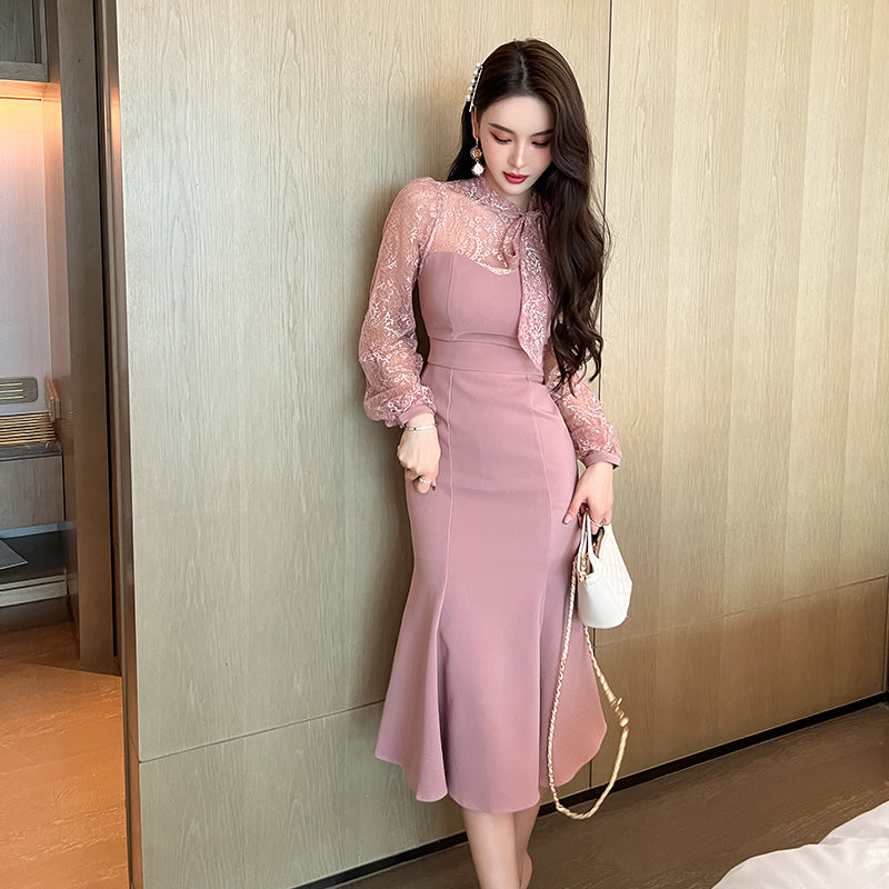 Trendy Vestidos Casuales Lady Fishtail Lace Long Sleeve Pink Ladies Dresses 2025 Elegant Women Clothing