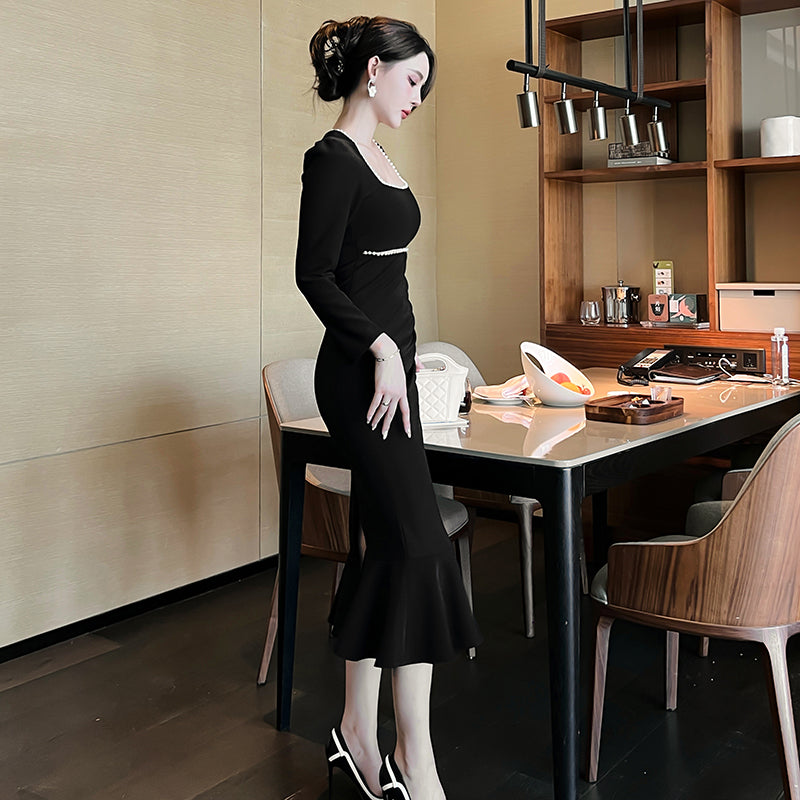 2025 Autumn Winter Full Sleeves Square Collar Beading Slit Dress Ruffles Elegant Dress Slim Fit Mermaid Dress