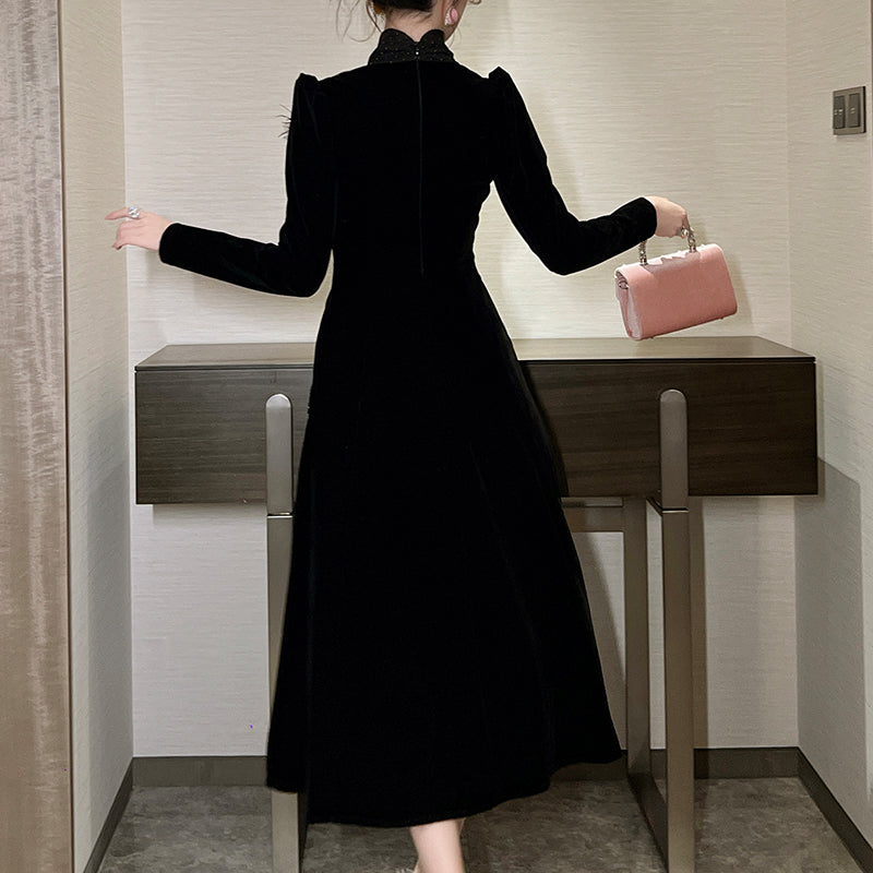 Lady Maxi Dress Black Feather Stand Collar Long Sleeve A Line Modest Evening Party Velvet Formal Long Dress for Women