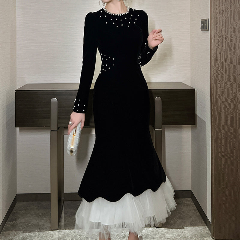 Women Modest Luxury Mermaid Velvet Corset Evening Pearl Embellished Lace Maxi Formal Party Wedding Prom Dress Ladies