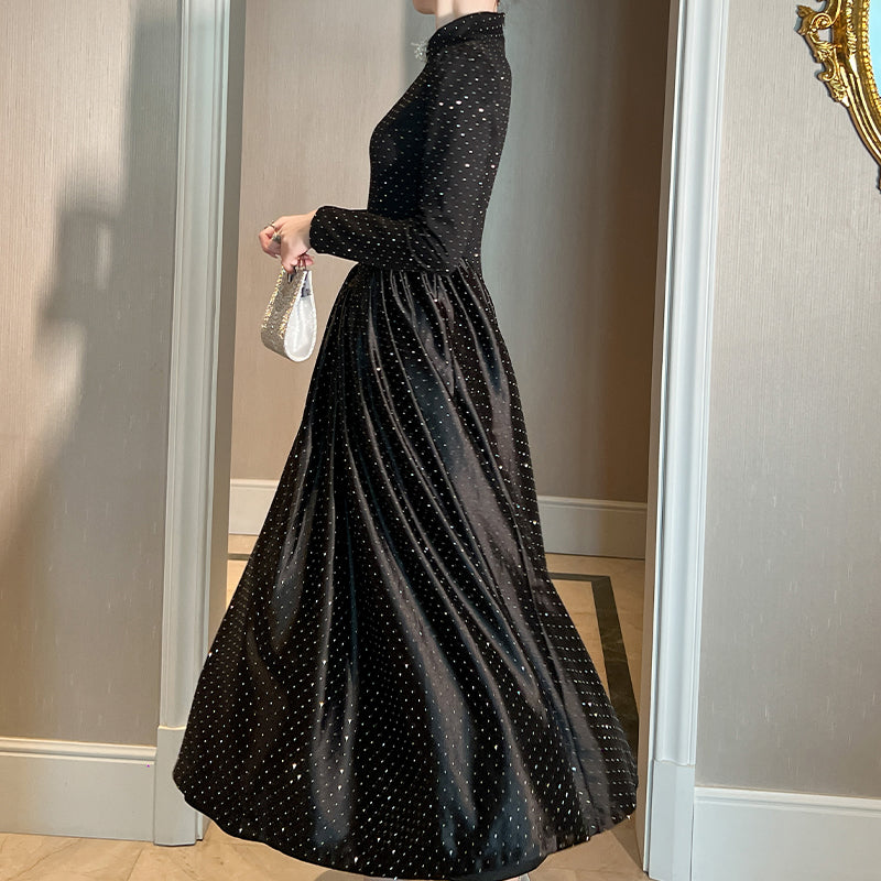 Elegant Women's French Style A-Line Party Dress Black Spot Rhinestones Drilling Long Sleeve Ladies Maxi Evening Dress