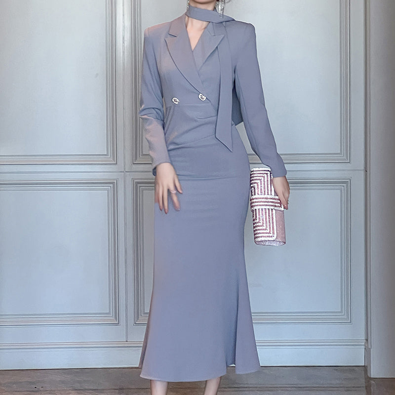 Autumn Women Clothing Belted Office Work Blazer Dresses Diamond Button Decor Retro Long Dress