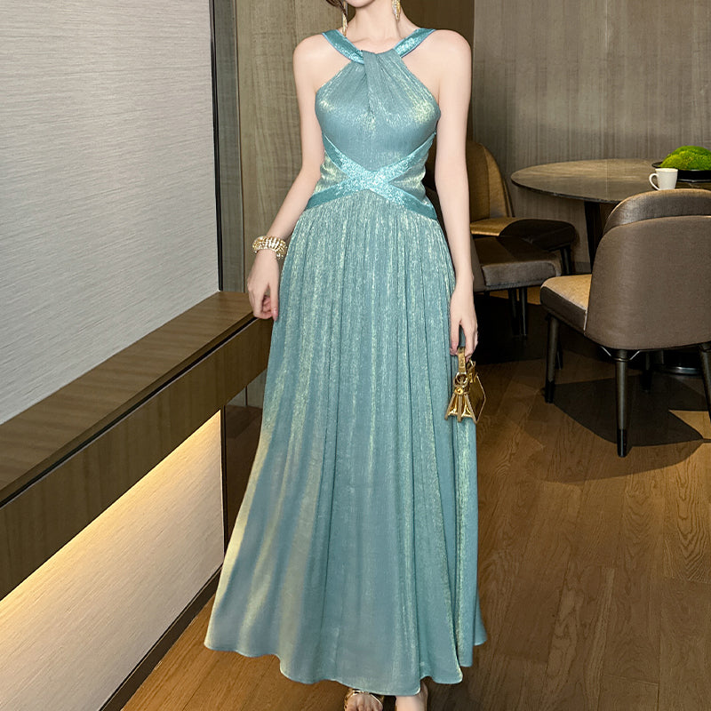Bridesmaid Dresses Silk Satin Fashion Evening Party Halter Neck Prom Elegant Sequin Glitter Satin Maxi Dresses Women