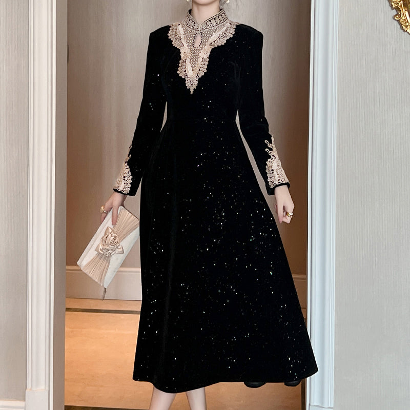 Women's Elegant Vintage Party Dress Sexy Velvet Maxi Autumn Winter Retro Temperament Modest Long Ladies Dress