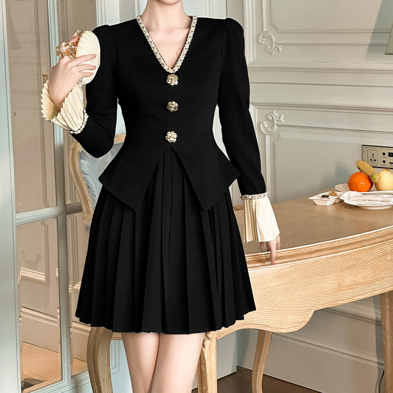 2025 Elegant Women's Two-Piece Set Flare Long Sleeve Top & Loose Pleated a Line Short Skirt One Piece Dress