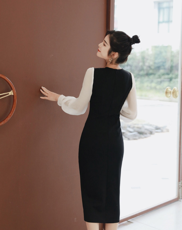 Chic Fashion Women's Casual Elegant Dress Long Sleeve Color Blocking Button New Natural Waistline Solid Summer Dress