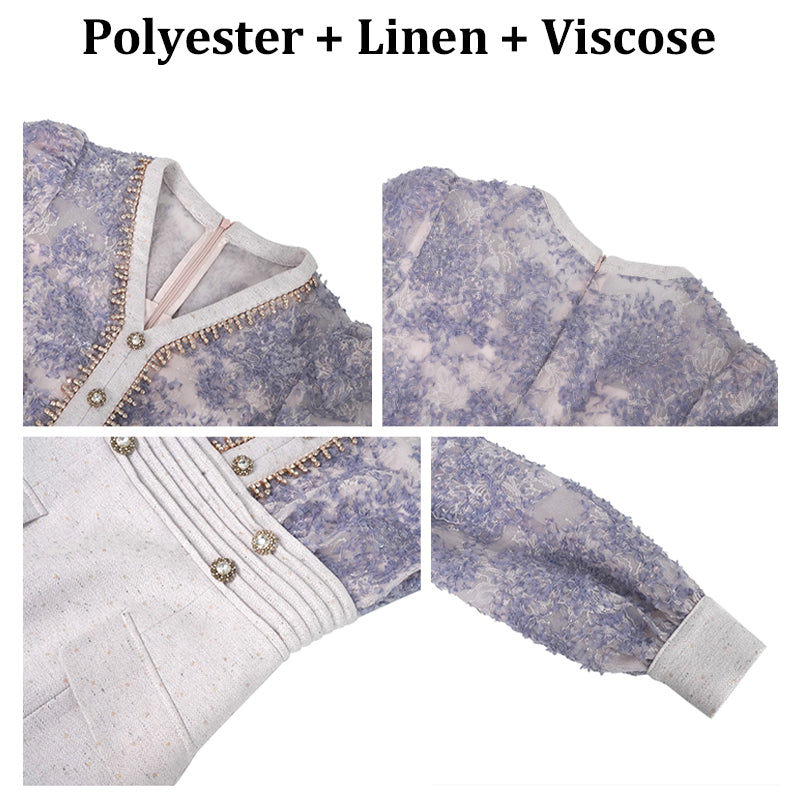 Women Casual Sexy Dresses Autumn Spring Slim Stitching Purple Color Ploral Lace Beaded Dress