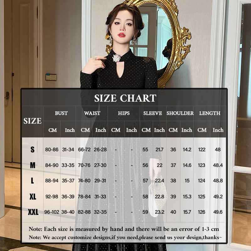 Elegant Women's French Style A-Line Party Dress Black Spot Rhinestones Drilling Long Sleeve Ladies Maxi Evening Dress