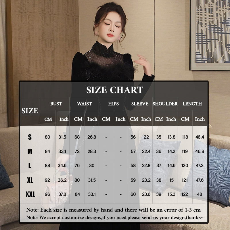 Lady Maxi Dress Black Feather Stand Collar Long Sleeve A Line Modest Evening Party Velvet Formal Long Dress for Women