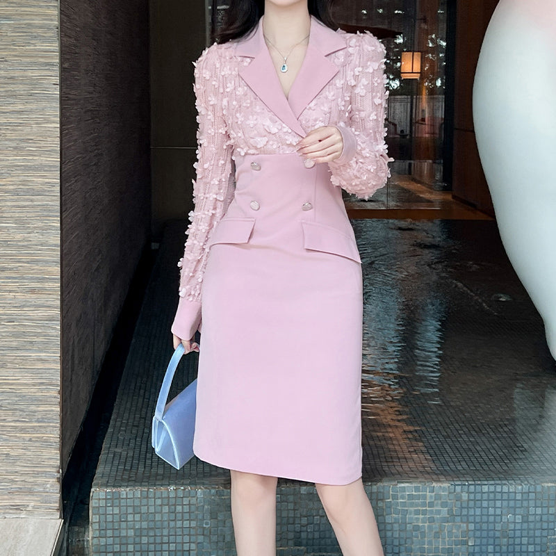 Fashion Formal Clothes Long Sleeve Patchwork Suit Blazer Office Lady Professional Business Midi Long Casual Dresses